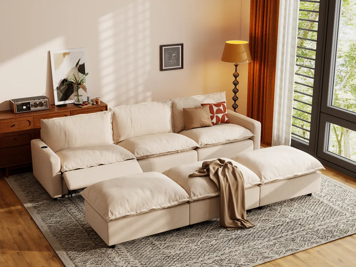 Modular Cero Reclining Sectionals | 6-Piece Beige Linen Open Plan Pit Sectionals 3-Seater with 3-Ottomans
