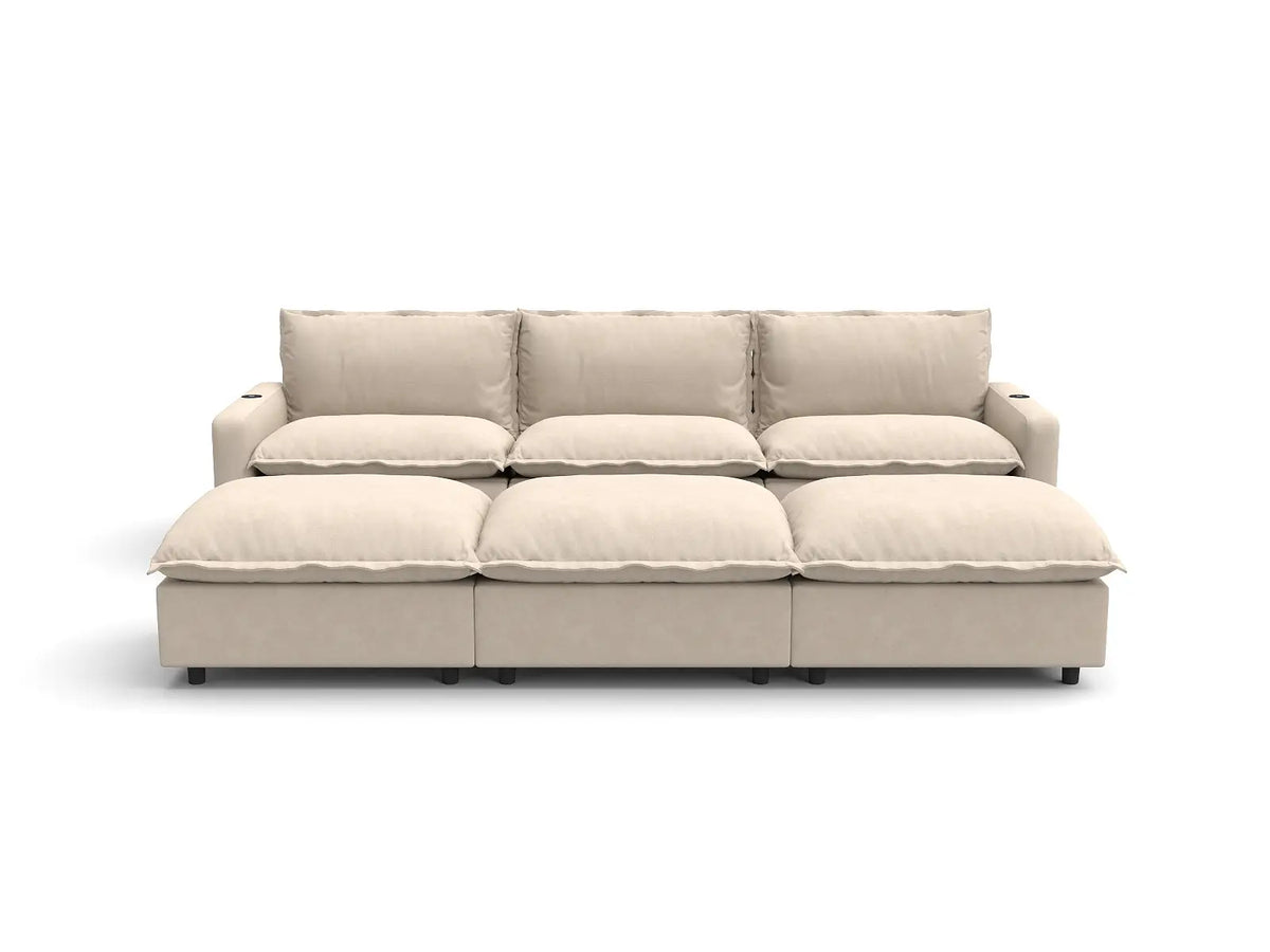 Modular Cero Reclining Sectionals | 6-Piece Beige Linen Open Plan Pit Sectionals 3-Seater with 3-Ottomans