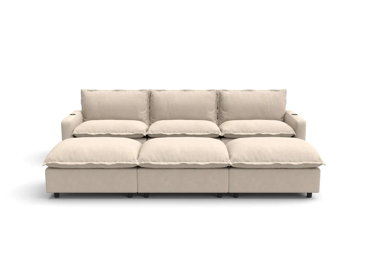 Modular Cero Reclining Sectionals | 6-Piece Beige Linen Open Plan Pit Sectionals 3-Seater with 3-Ottomans