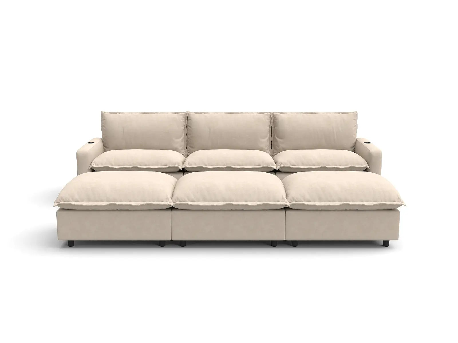 Modular Cero Recliner Sectional with Chaise | 6-Piece Beige Linen Open Plan Pit Sectionals 3-Seater with 3-Ottomans