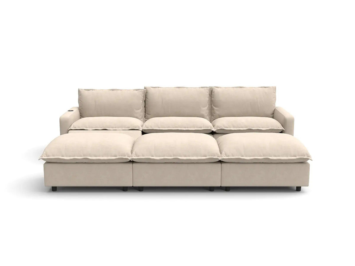 Modular Cero Reclining Sectionals | 6-Piece Beige Linen Open Plan Pit Sectionals 3-Seater with 3-Ottomans