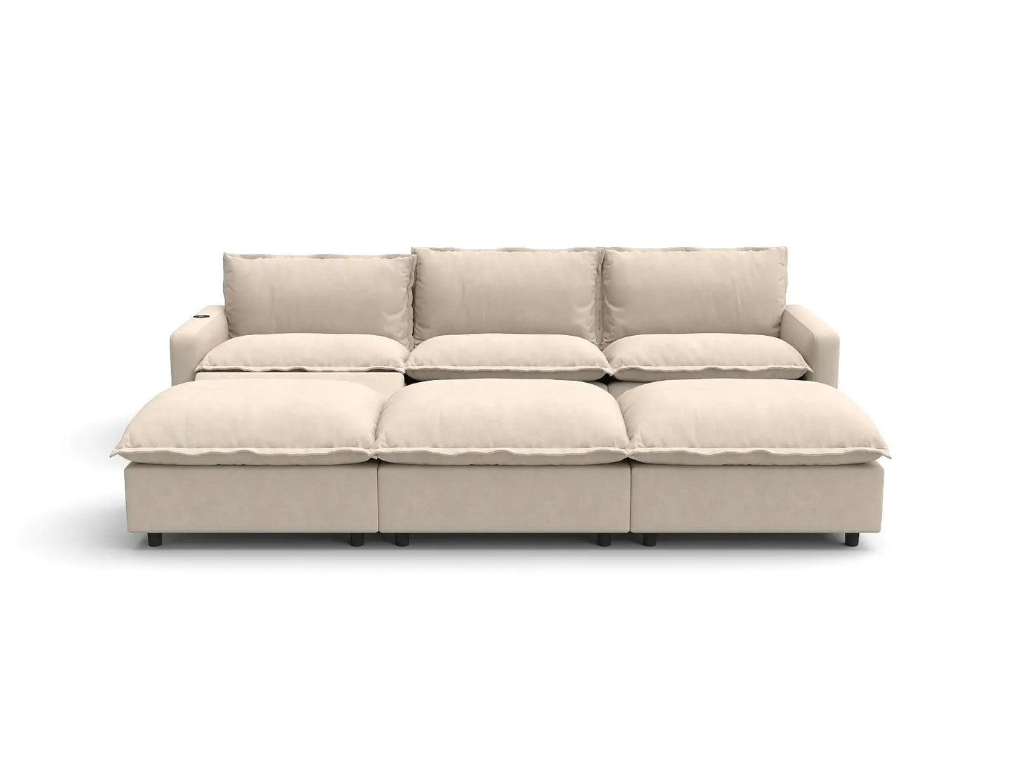 Modular Cero Reclining Sectionals | 6-Piece Beige Linen Open Plan Pit Sectionals 3-Seater with 3-Ottomans