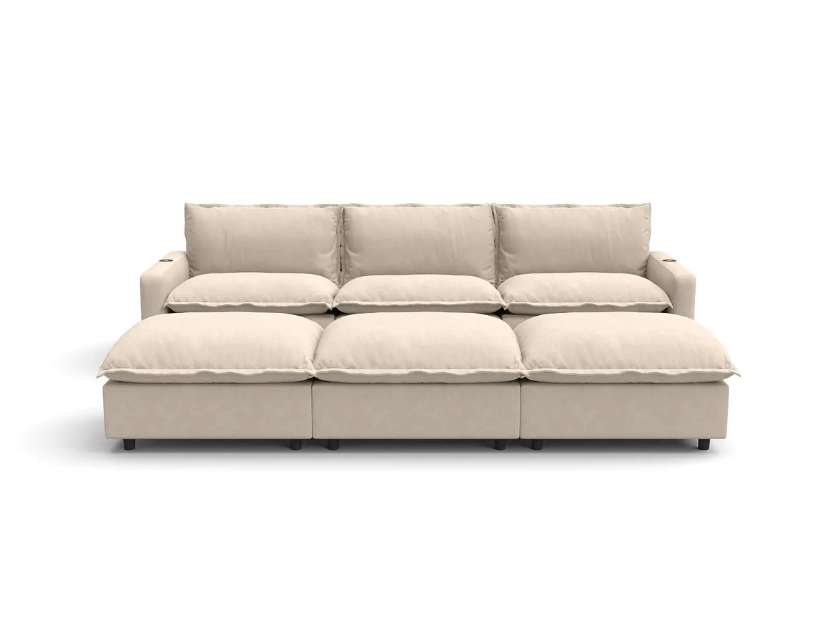 Modular Cero Reclining Sectionals | 6-Piece Beige Linen Open Plan Pit Sectionals 3-Seater with 3-Ottomans