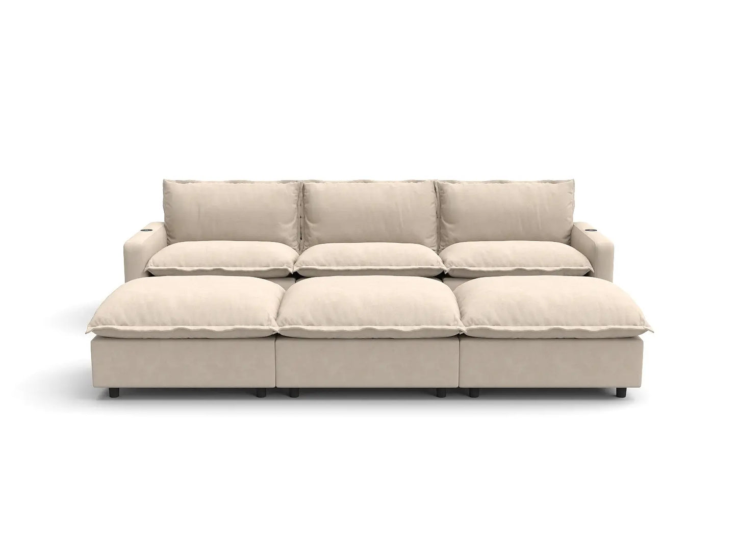 Modular Cero Reclining Sectionals | 6-Piece Beige Linen Open Plan Pit Sectionals 3-Seater with 3-Ottomans