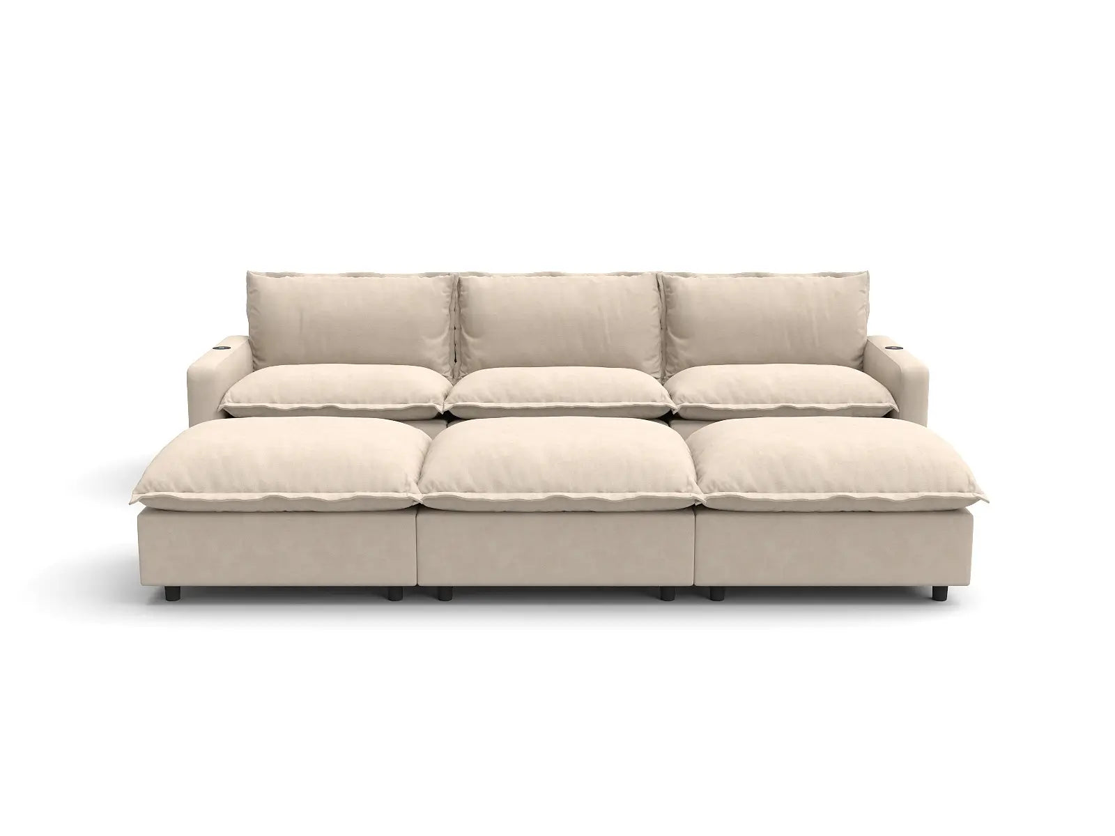 Modular Cero Reclining Sectional with Chaise Lounge | 6-Piece Beige Linen Open Plan Pit Sectionals 3-Seater with 3-Ottomans