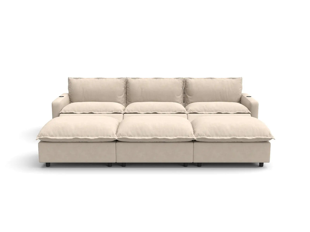 Modular Cero Reclining Sectionals | 6-Piece Beige Linen Open Plan Pit Sectionals 3-Seater with 3-Ottomans