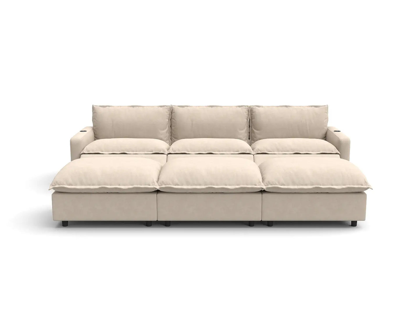 Modular Cero Reclining Sectionals | 6-Piece Beige Linen Open Plan Pit Sectionals 3-Seater with 3-Ottomans