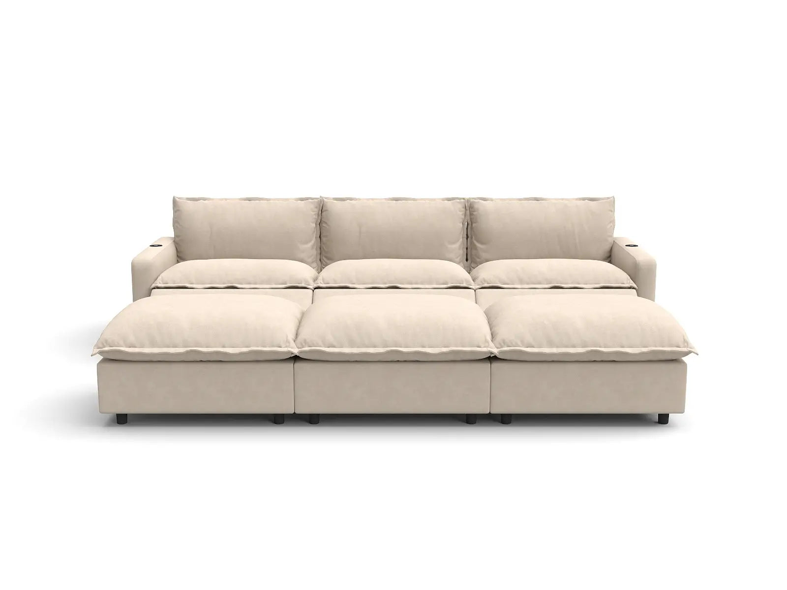 Modular Cero Recliner Sectional with Chaise | 6-Piece Beige Linen Open Plan Pit Sectionals 3-Seater with 3-Ottomans