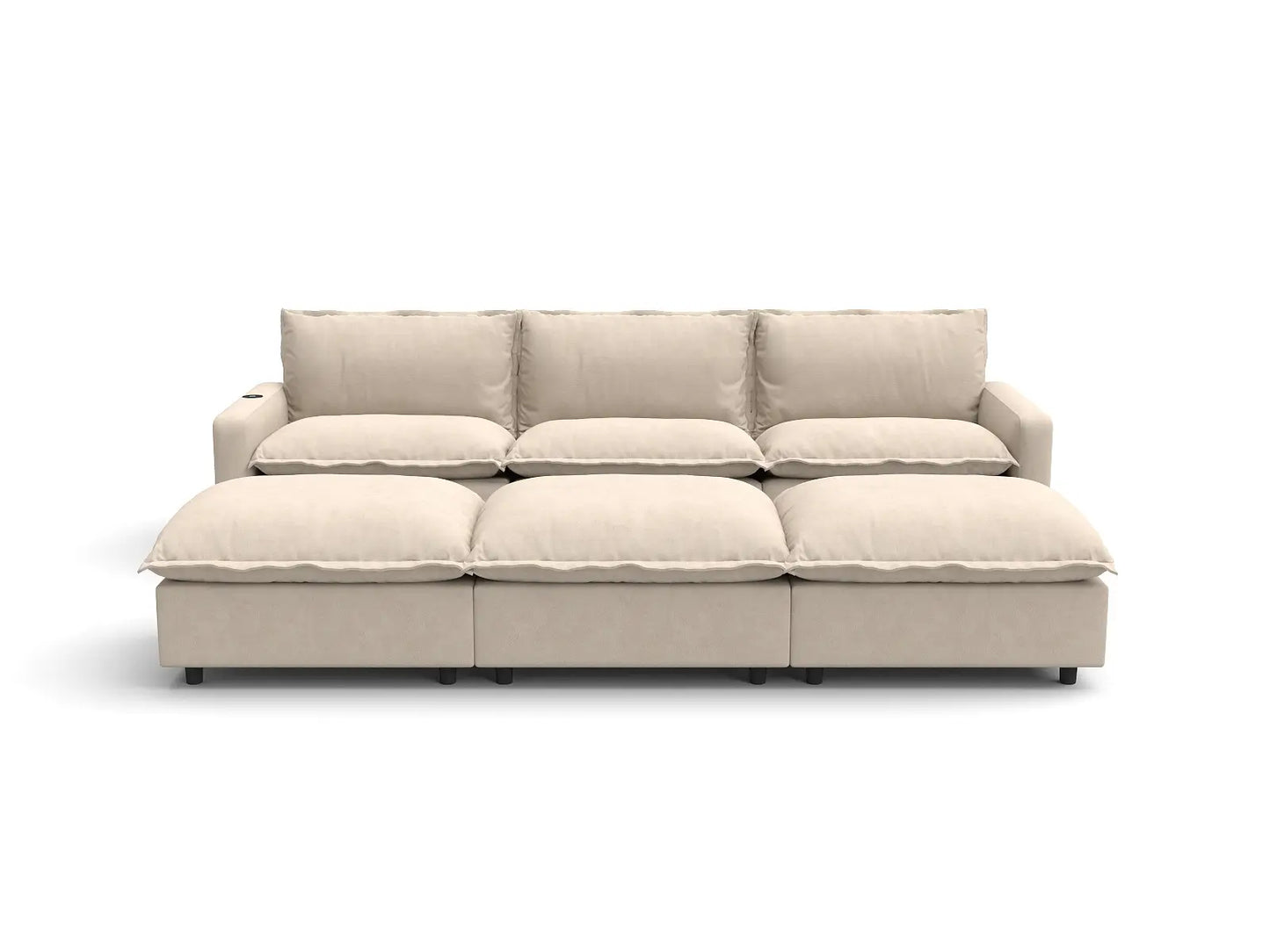 Modular Cero Reclining Sectionals | 6-Piece Beige Linen Open Plan Pit Sectionals 3-Seater with 3-Ottomans