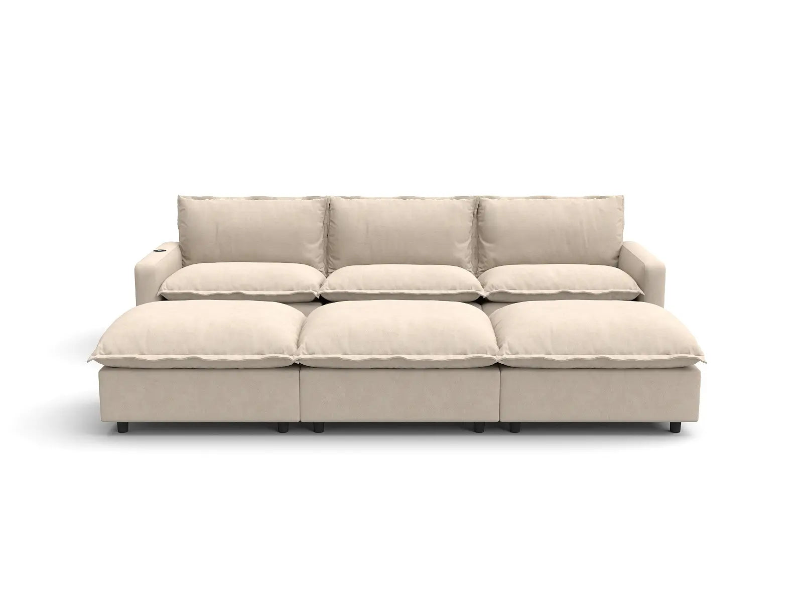 Modular Cero Reclining Chaise Sectional | 6-Piece Beige Linen Open Plan Pit Sectionals 3-Seater with 3-Ottomans
