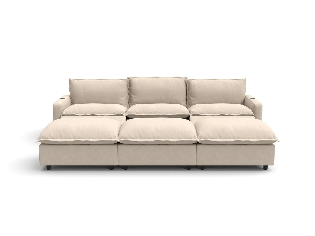 Modular Cero Reclining Sectionals | 6-Piece Beige Linen Open Plan Pit Sectionals 3-Seater with 3-Ottomans