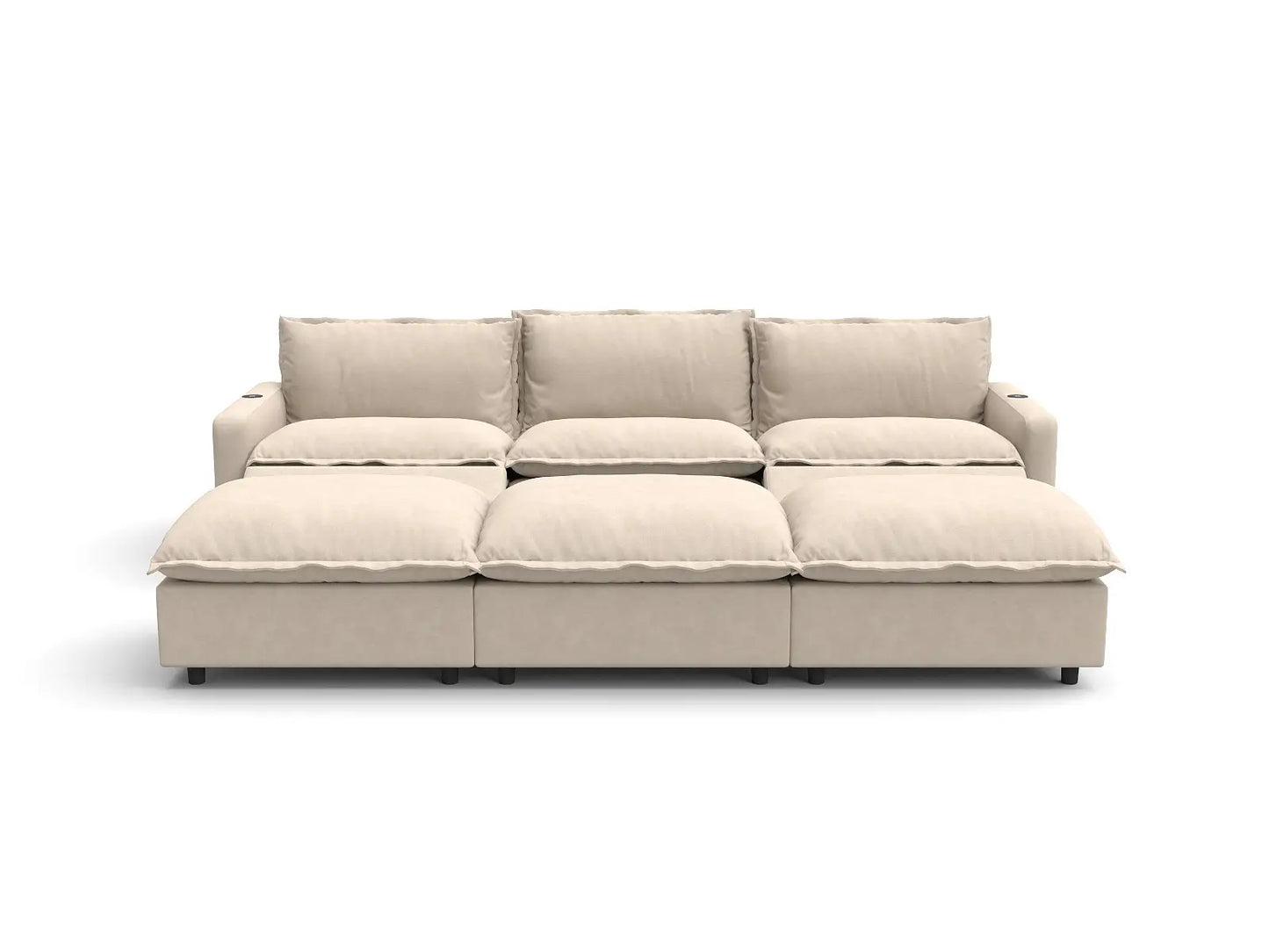 Modular Cero Reclining Sectionals | 6-Piece Beige Linen Open Plan Pit Sectionals 3-Seater with 3-Ottomans