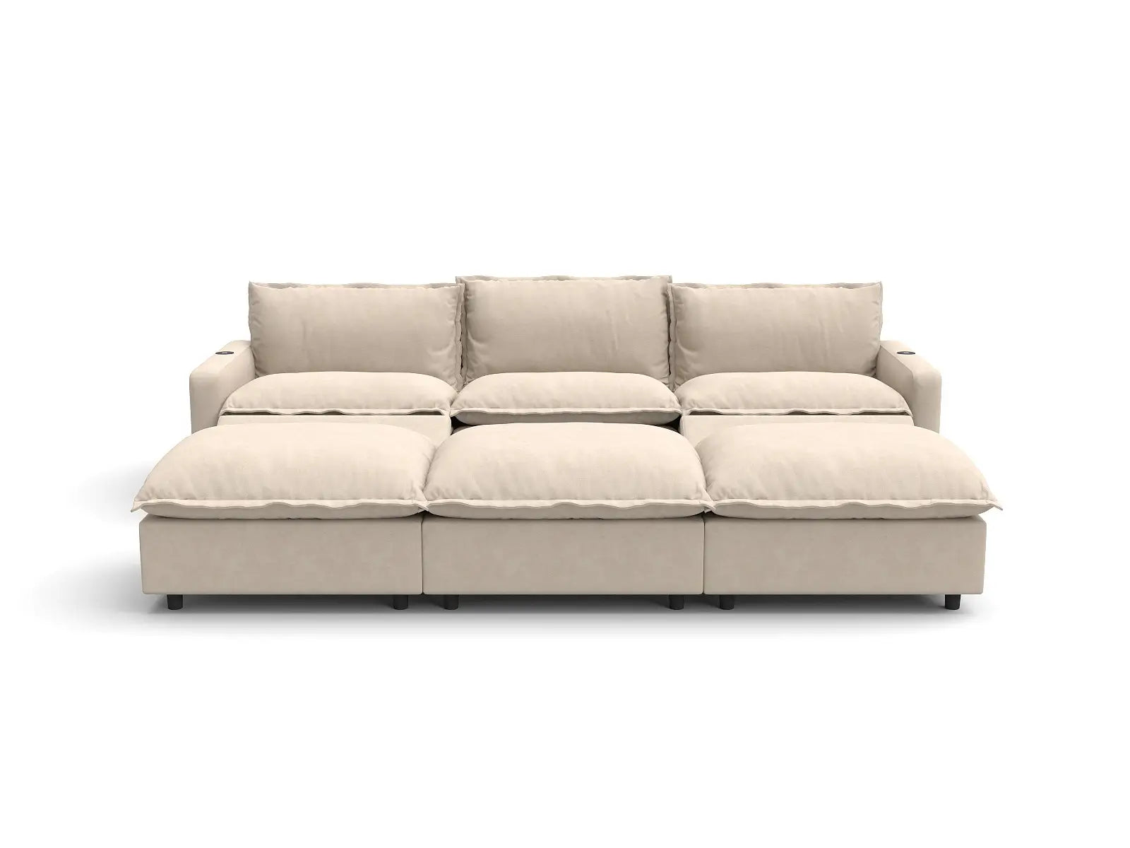 Modular Cero Reclining Sectional with Chaise Lounge | 6-Piece Beige Linen Open Plan Pit Sectionals 3-Seater with 3-Ottomans