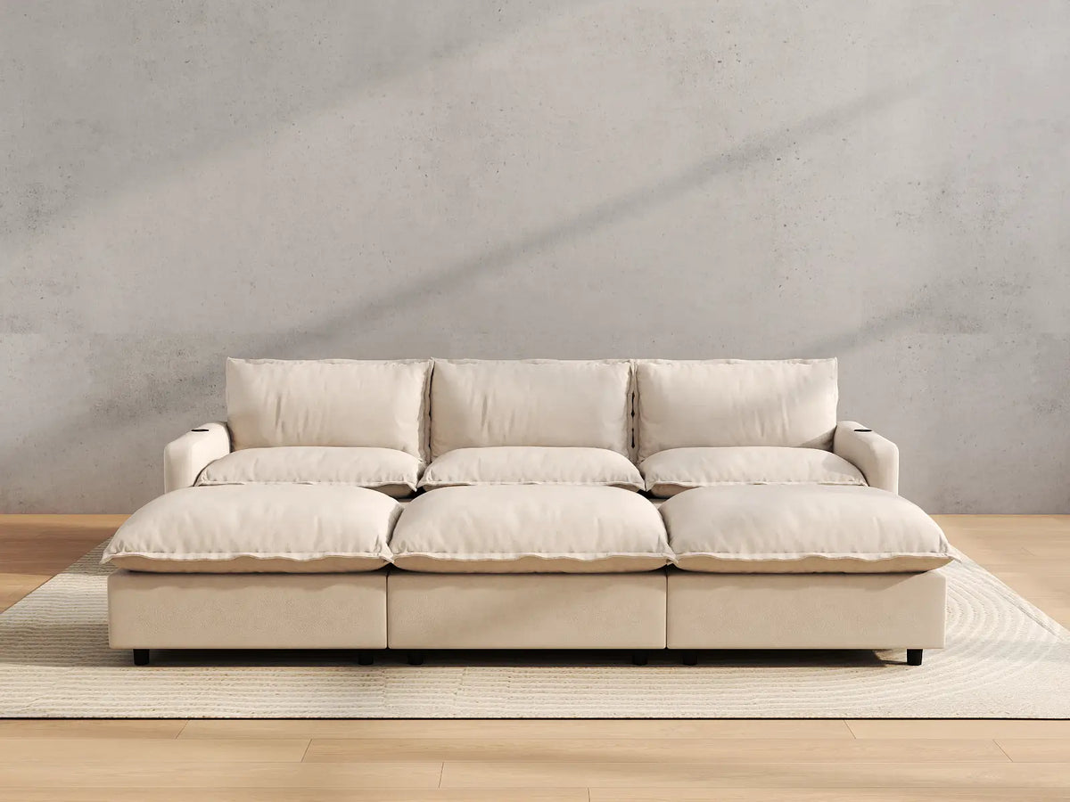 Modular Cero Reclining Sectionals | 6-Piece Beige Linen Open Plan Pit Sectionals 3-Seater with 3-Ottomans