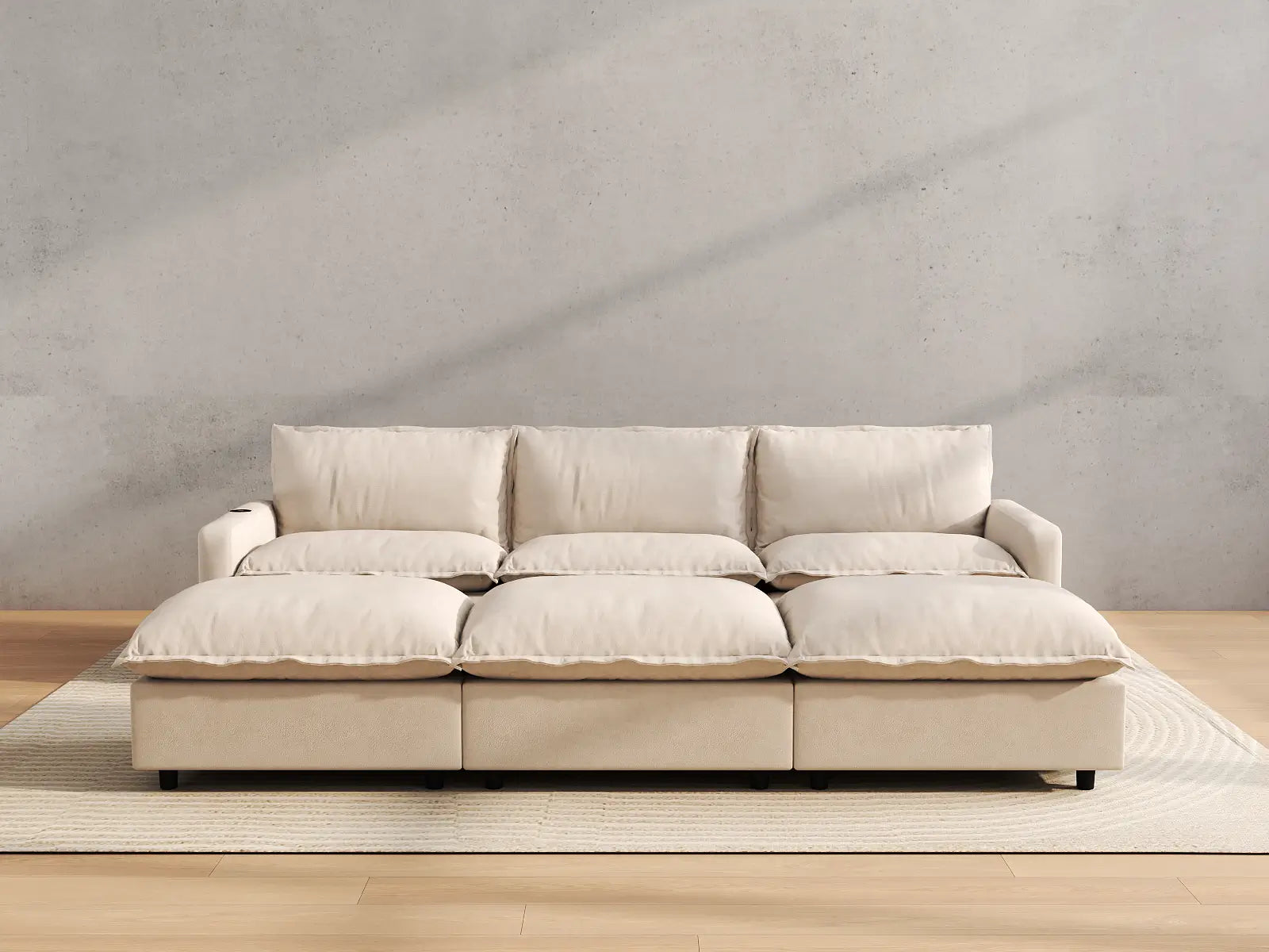 Modular Cero Reclining Chaise Sectional | 6-Piece Beige Linen Open Plan Pit Sectionals 3-Seater with 3-Ottomans