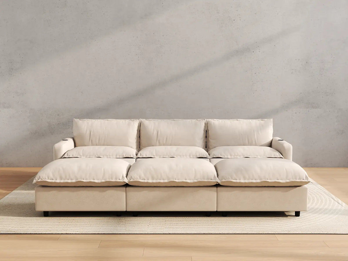 Modular Cero Reclining Sectionals | 6-Piece Beige Linen Open Plan Pit Sectionals 3-Seater with 3-Ottomans