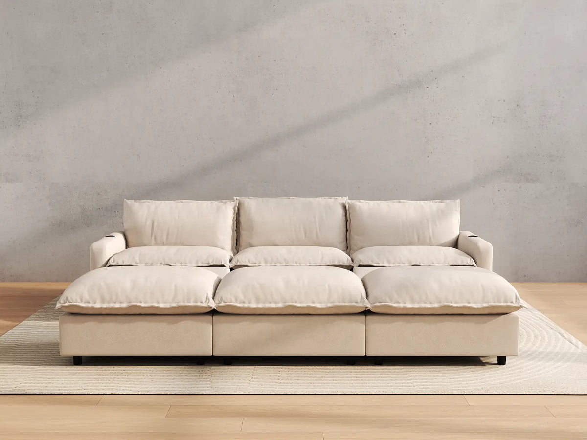 Modular Cero Reclining Sectionals | 6-Piece Beige Linen Open Plan Pit Sectionals 3-Seater with 3-Ottomans