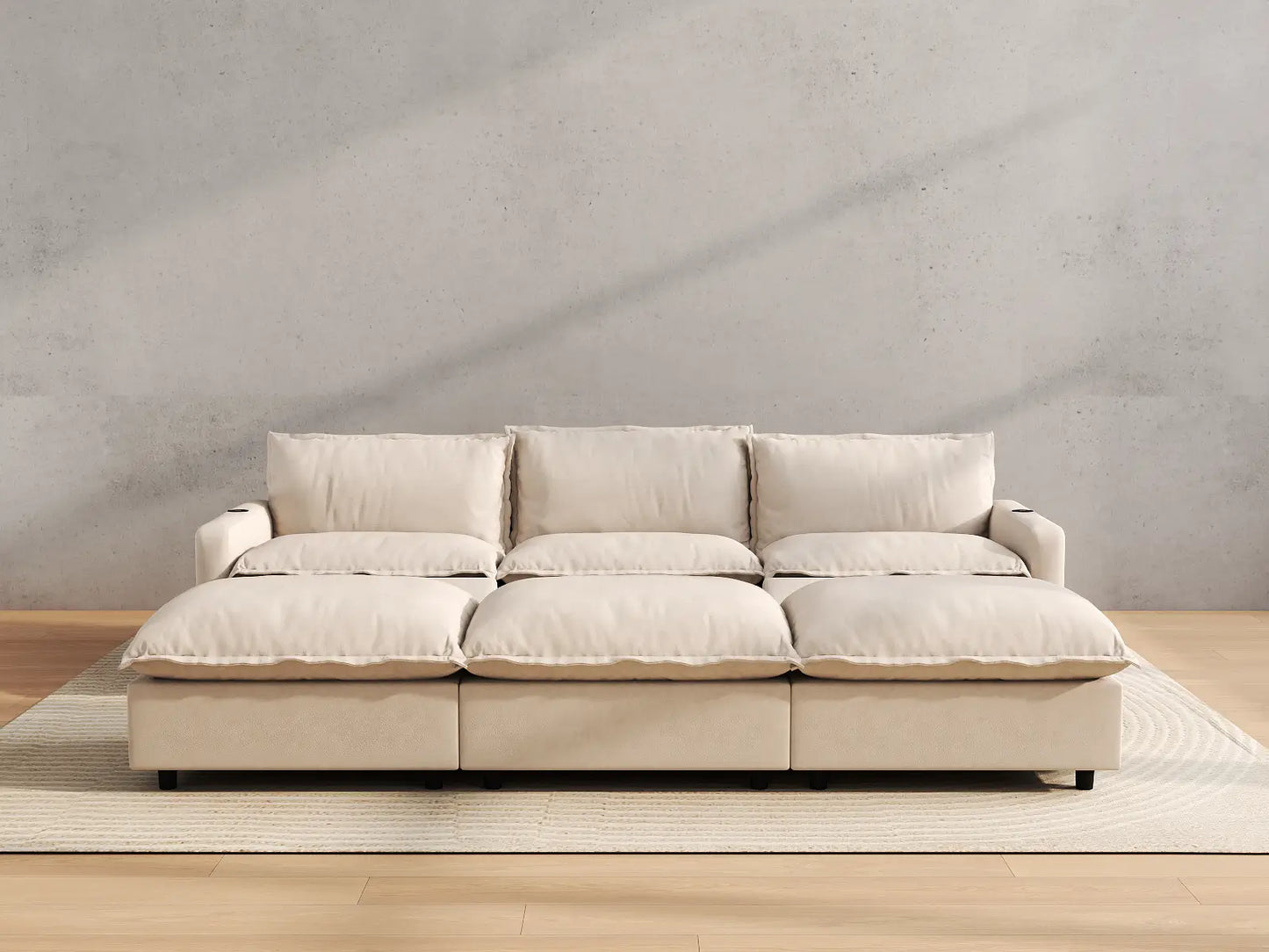 Modular Cero Reclining Sectionals | 6-Piece Beige Linen Open Plan Pit Sectionals 3-Seater with 3-Ottomans