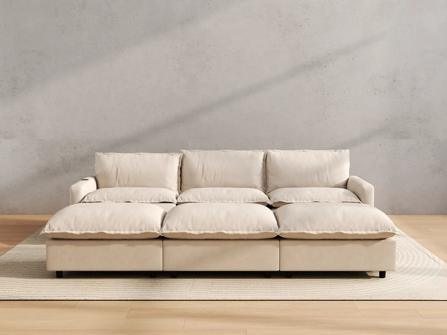 Modular Cero Reclining Sectionals | 6-Piece Beige Linen Open Plan Pit Sectionals 3-Seater with 3-Ottomans