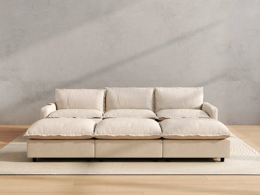 Modular Cero Reclining Sectionals | 6-Piece Beige Linen Open Plan Pit Sectionals 3-Seater with 3-Ottomans