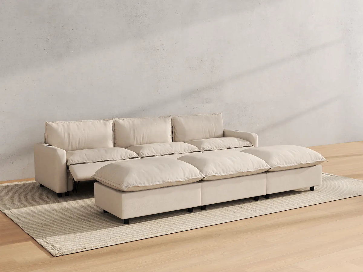 Modular Cero Reclining Sectionals | 6-Piece Beige Linen Open Plan Pit Sectionals 3-Seater with 3-Ottomans