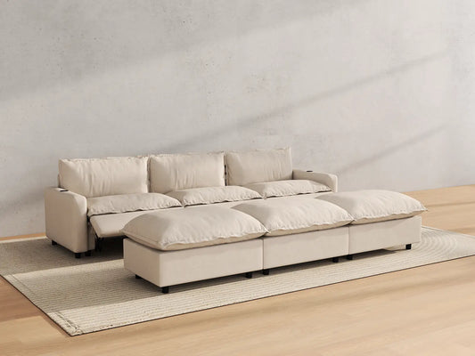 Modular Cero Reclining Sectionals | 6-Piece Beige Linen Open Plan Pit Sectionals 3-Seater with 3-Ottomans