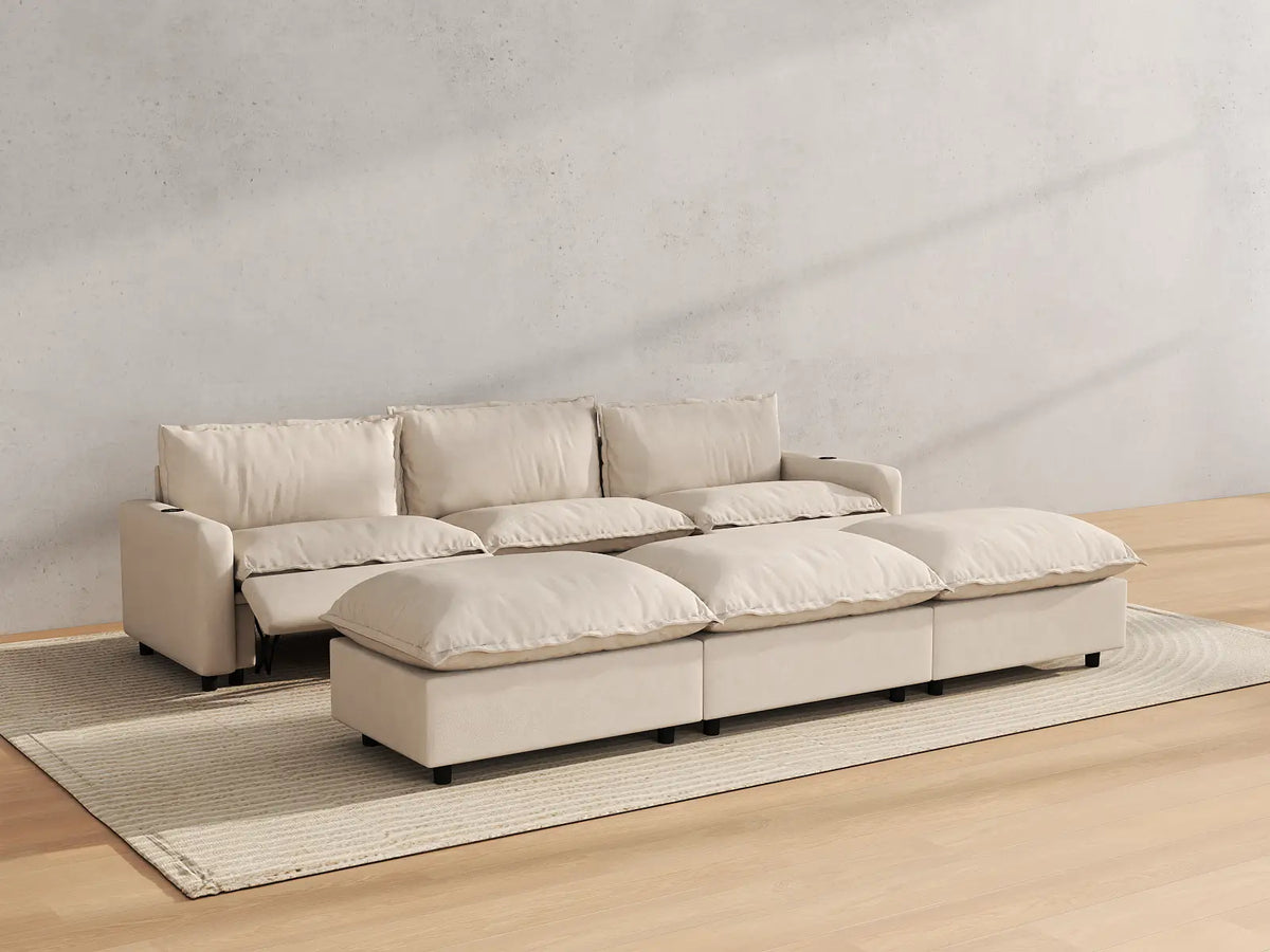 Modular Cero Reclining Sectionals | 6-Piece Beige Linen Open Plan Pit Sectionals 3-Seater with 3-Ottomans