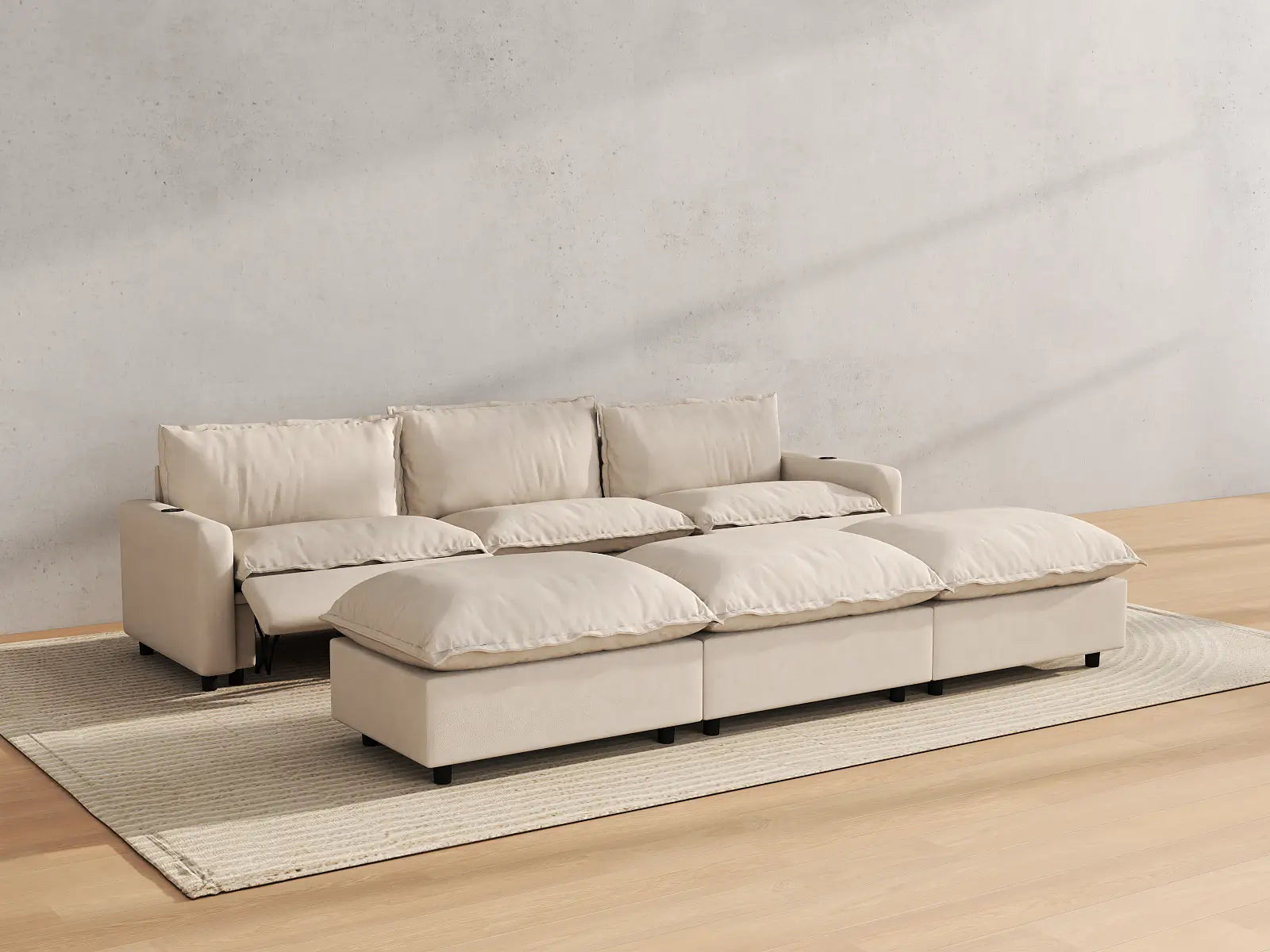 Modular Cero Reclining Sectional with Chaise Lounge | 6-Piece Beige Linen Open Plan Pit Sectionals 3-Seater with 3-Ottomans