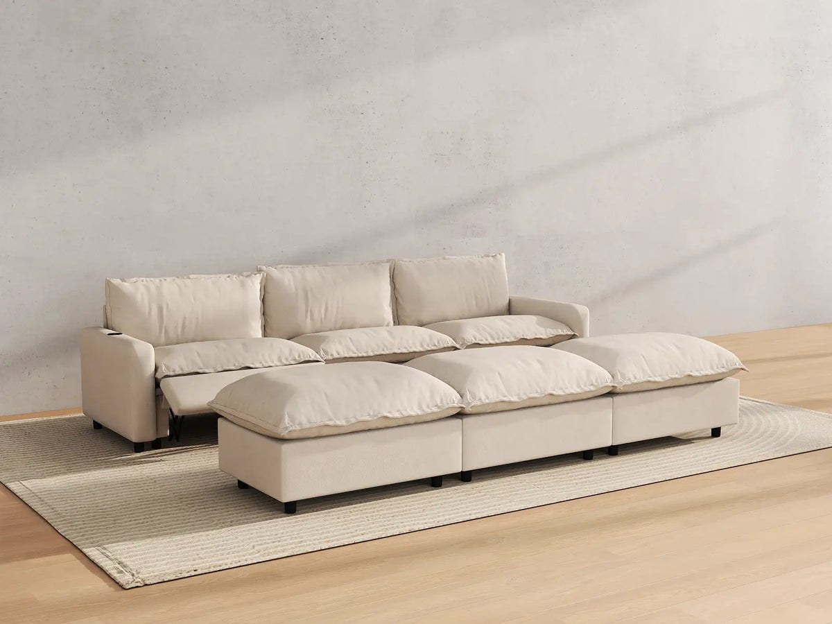 Modular Cero Reclining Sectionals | 6-Piece Beige Linen Open Plan Pit Sectionals 3-Seater with 3-Ottomans