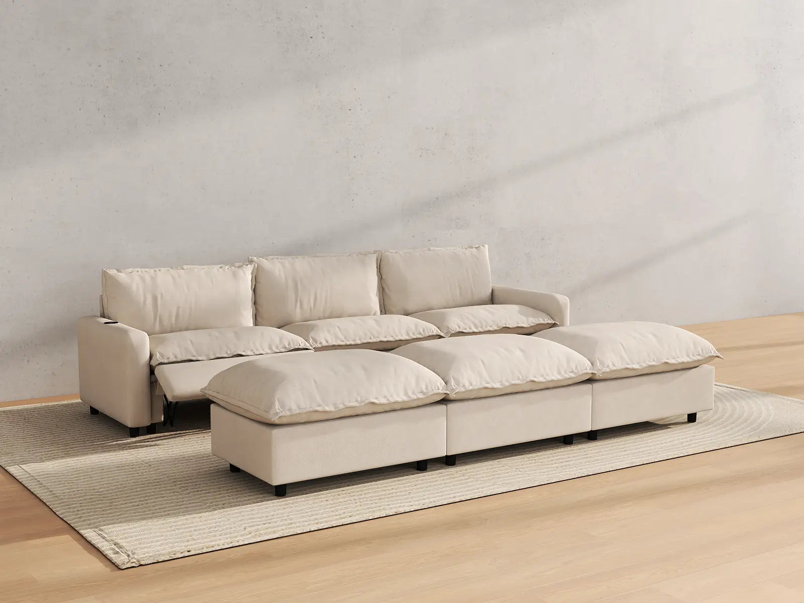 Modular Cero Reclining Chaise Sectional | 6-Piece Beige Linen Open Plan Pit Sectionals 3-Seater with 3-Ottomans