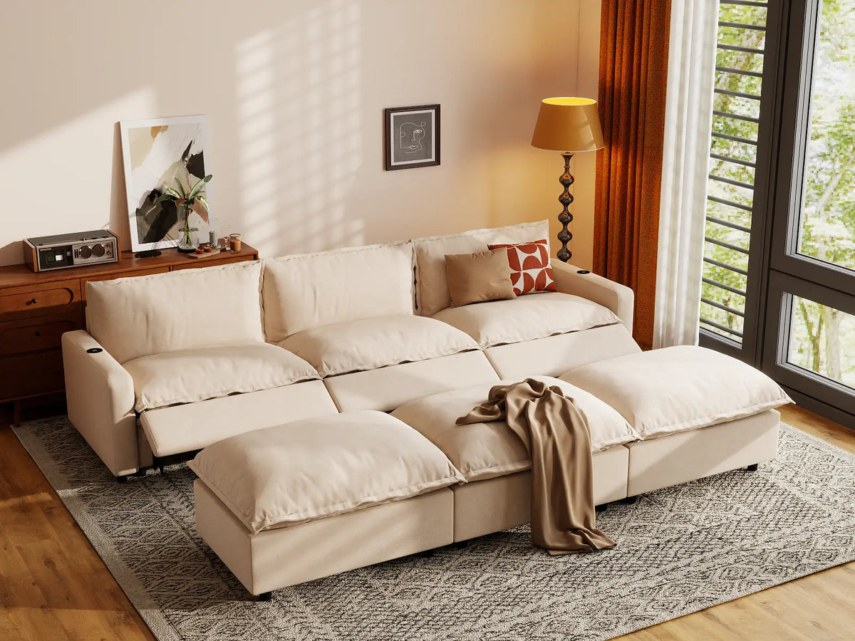 Modular Cero Reclining Sectionals | 6-Piece Beige Linen Open Plan Pit Sectionals 3-Seater with 3-Ottomans