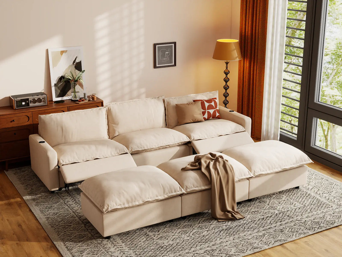 Modular Cero Reclining Sectionals | 6-Piece Beige Linen Open Plan Pit Sectionals 3-Seater with 3-Ottomans