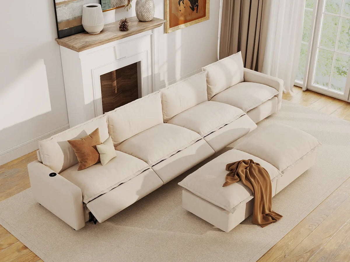 Modular Cero Reclining Sectionals | 6-Piece Beige Linen Open Plan Sofa Sets 4-Seater with 2-Ottomans