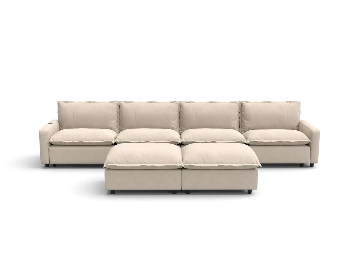 Modular Cero Reclining Sectionals | 6-Piece Beige Linen Open Plan Sofa Sets 4-Seater with 2-Ottomans