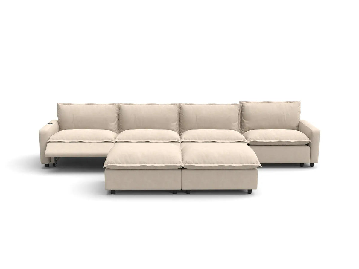 Modular Cero Reclining Sectionals | 6-Piece Beige Linen Open Plan Sofa Sets 4-Seater with 2-Ottomans