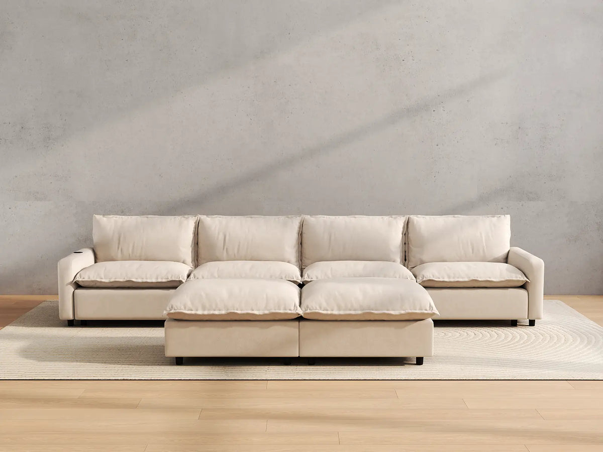 Modular Cero Reclining Sectionals | 6-Piece Beige Linen Open Plan Sofa Sets 4-Seater with 2-Ottomans