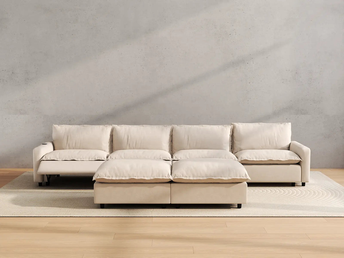 Modular Cero Reclining Sectionals | 6-Piece Beige Linen Open Plan Sofa Sets 4-Seater with 2-Ottomans