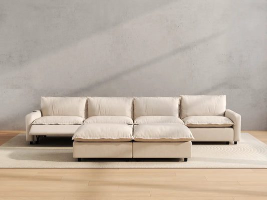 Modular Cero Reclining Sectionals | 6-Piece Beige Linen Open Plan Sofa Sets 4-Seater with 2-Ottomans