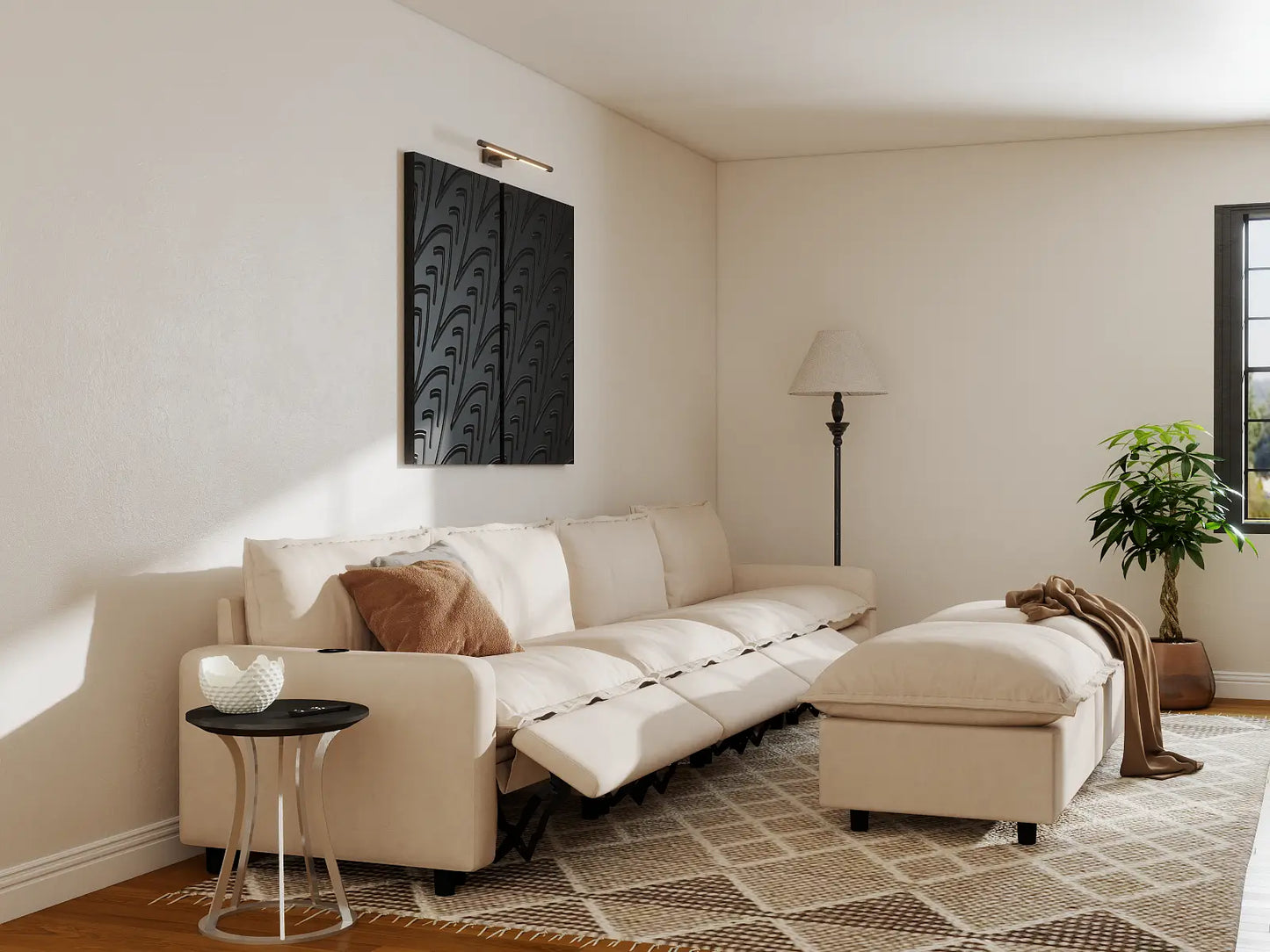 Modular Cero Reclining Sectionals | 6-Piece Beige Linen Open Plan Sofa Sets 4-Seater with 2-Ottomans