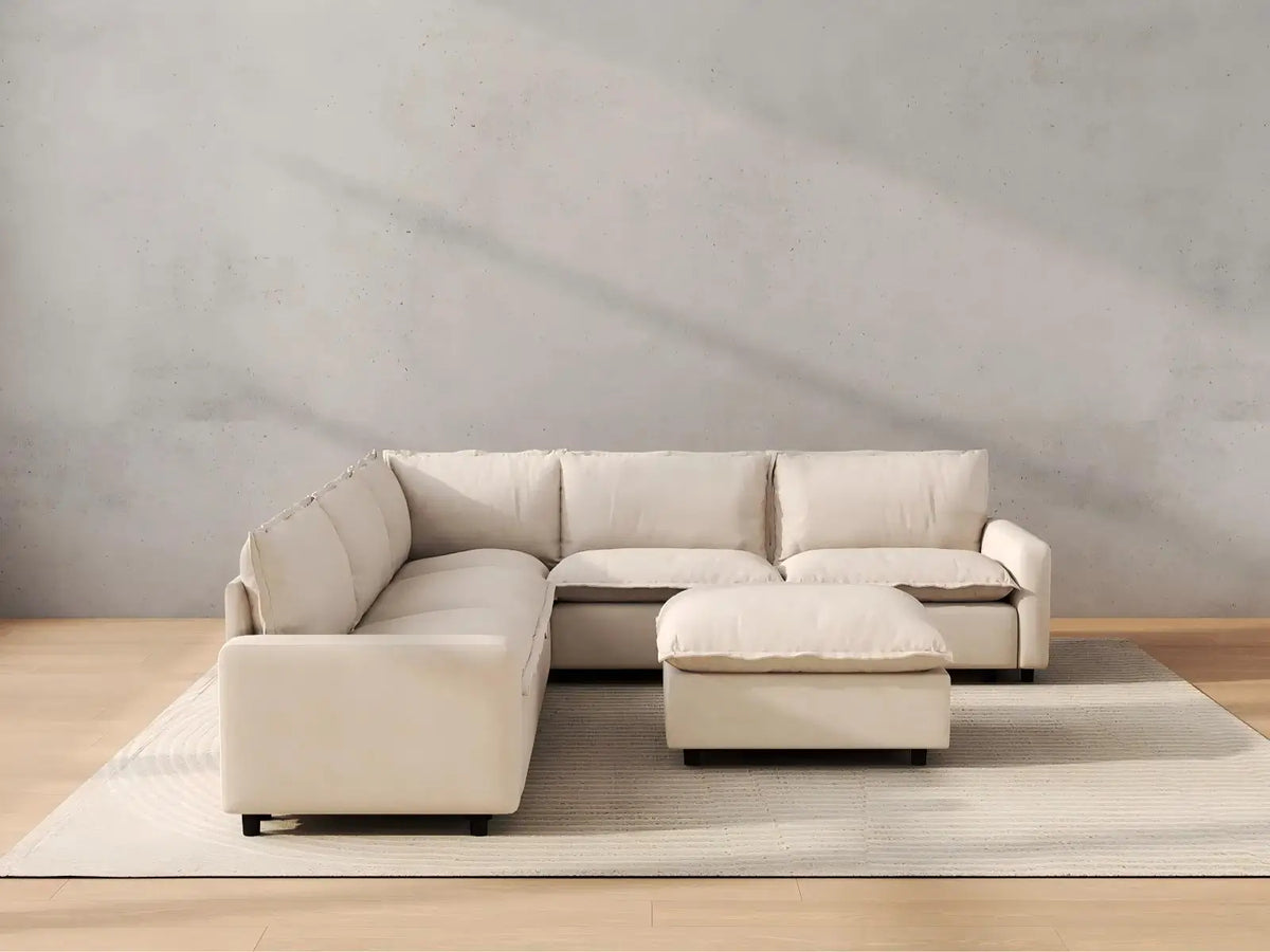 Modular Cero Modular Sectionals | 6-Piece Beige Linen Open Plan Sofa Sets 5-Seater with 1-Ottoman