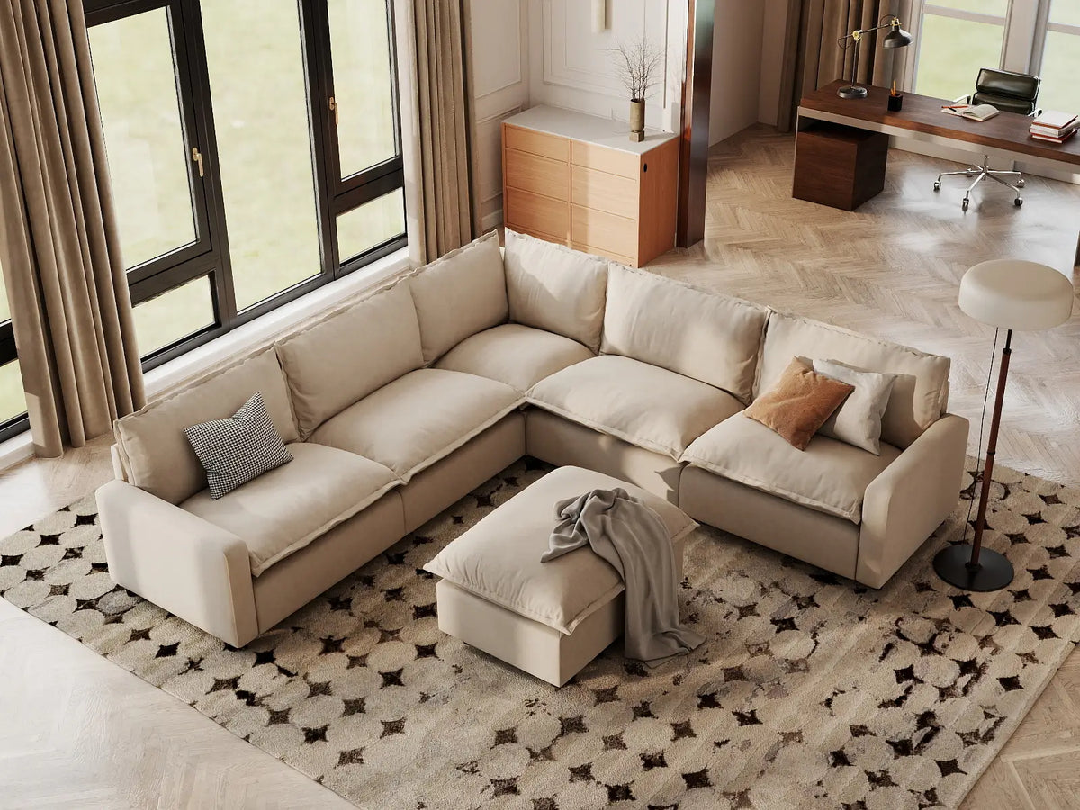 Modular Cero Modular Sectionals | 6-Piece Beige Linen Open Plan Sofa Sets 5-Seater with 1-Ottoman