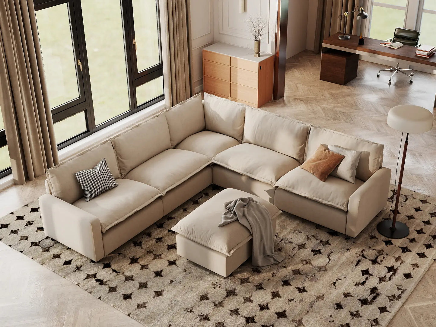 Modular Cero Modular Sectionals | 6-Piece Beige Linen Open Plan Sofa Sets 5-Seater with 1-Ottoman
