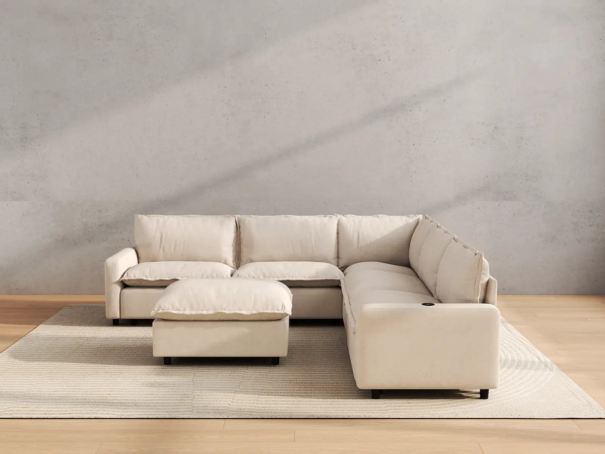 Modular Cero Reclining Sectionals | 6-Piece Beige Linen Open Plan Sofa Sets 5-Seater with 1-Ottoman
