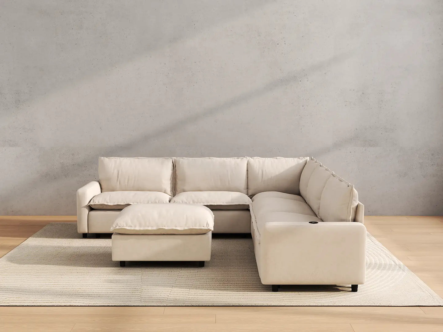 Modular Cero Reclining Sectionals | 6-Piece Beige Linen Open Plan Sofa Sets 5-Seater with 1-Ottoman