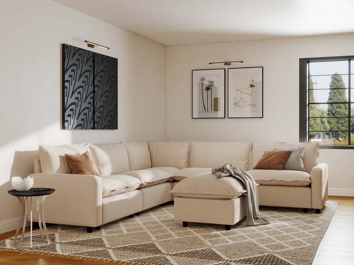 Modular Cero Modular Sectionals | 6-Piece Beige Linen Open Plan Sofa Sets 5-Seater with 1-Ottoman
