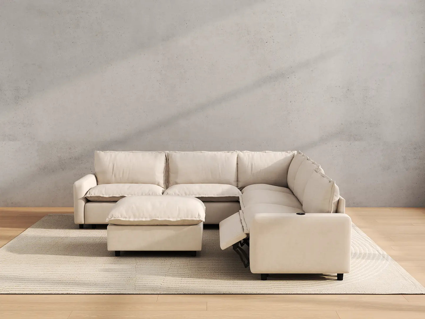Modular Cero Reclining Sectionals | 6-Piece Beige Linen Open Plan Sofa Sets 5-Seater with 1-Ottoman