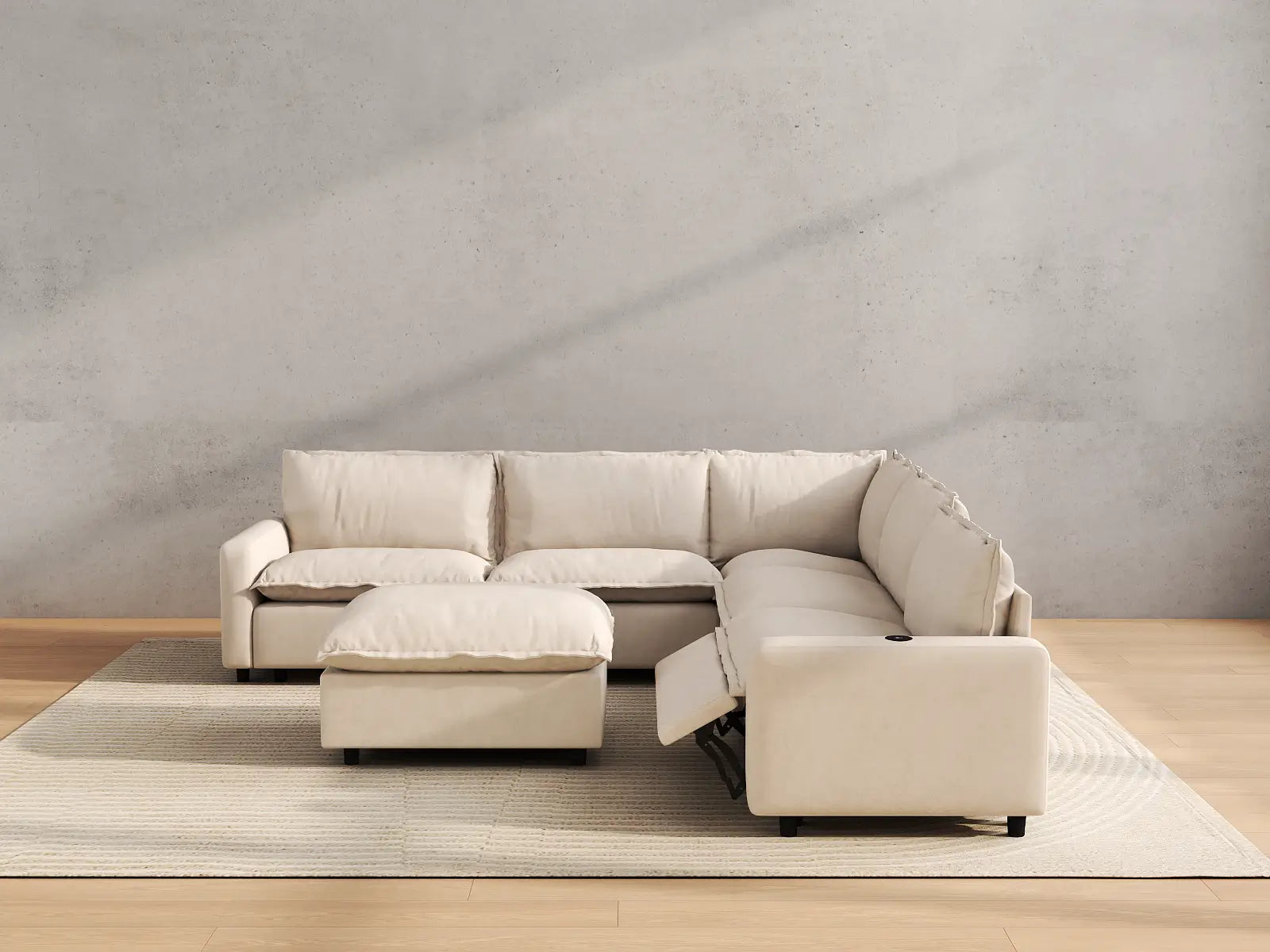 Modular Cero Sofa and Recliner Set | 6-Piece Beige Linen Open Plan Sofa Sets 5-Seater with 1-Ottoman
