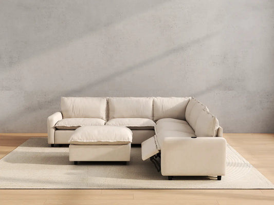 Modular Cero Reclining Sectionals | 6-Piece Beige Linen Open Plan Sofa Sets 5-Seater with 1-Ottoman