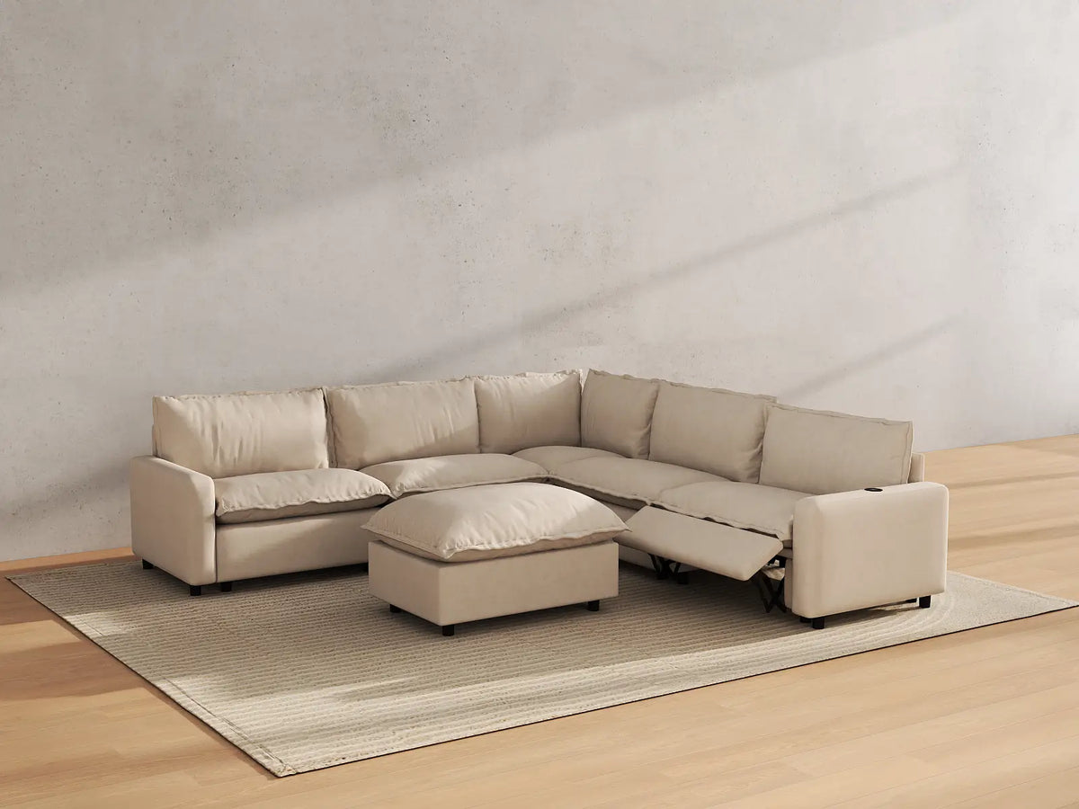 Modular Cero Reclining Sectionals | 6-Piece Beige Linen Open Plan Sofa Sets 5-Seater with 1-Ottoman