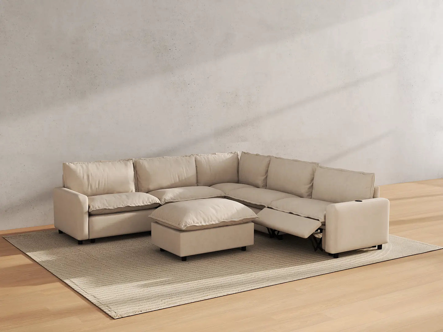 Modular Cero Reclining Sectionals | 6-Piece Beige Linen Open Plan Sofa Sets 5-Seater with 1-Ottoman